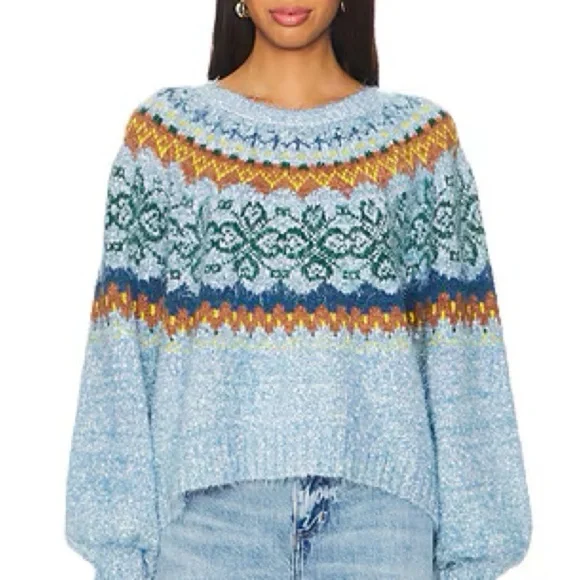 Free People Festive Frost Pullover Sweater - Ice Blue Combo - Sz Medium - Picture 2 of 11
